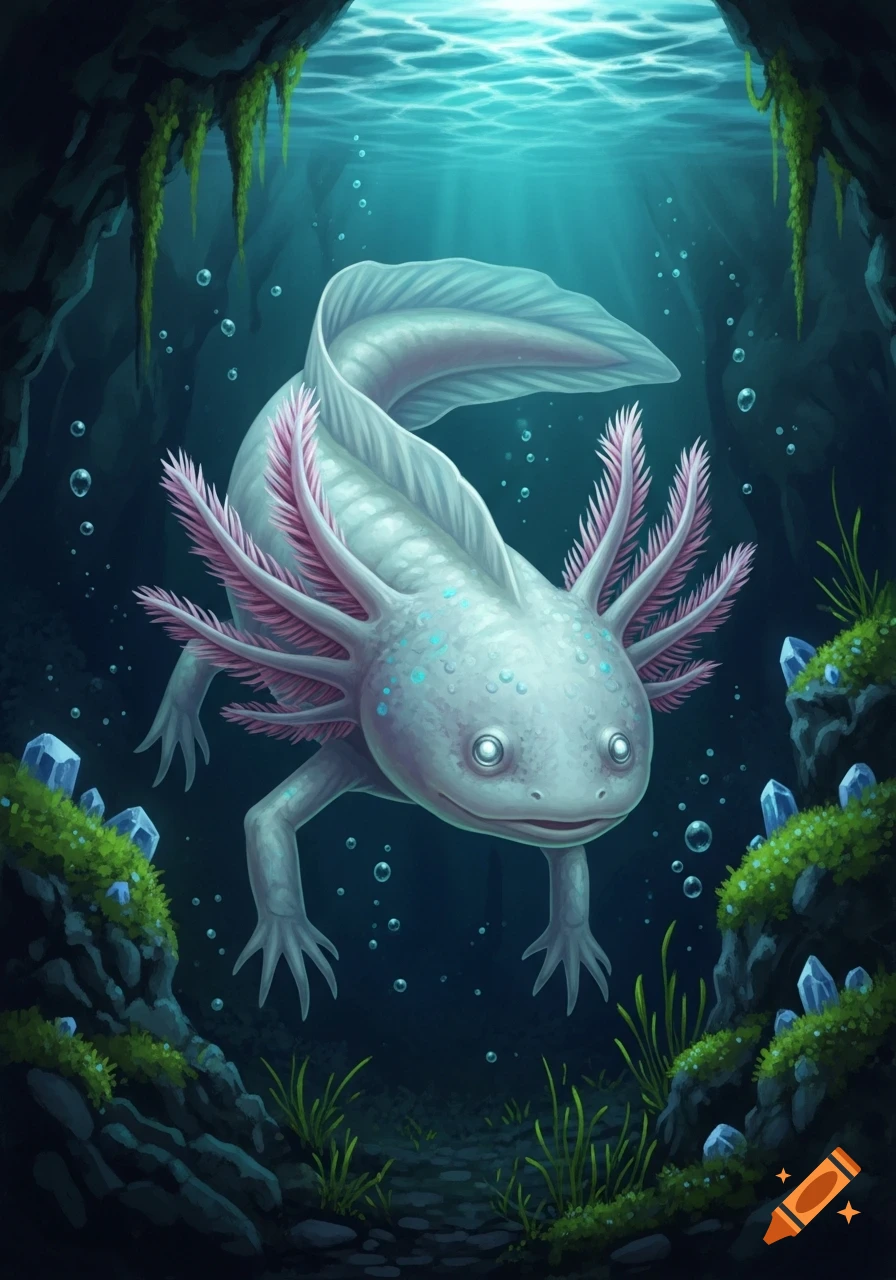 A stylized axolotl with glowing eyes and pink frills swims in a dark underwater cave with blue crystals and green moss.