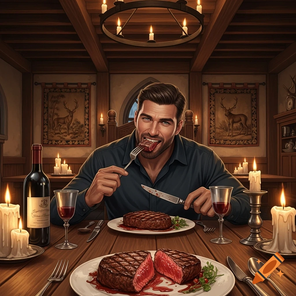 A man with a beard and dark shirt enthusiastically eats a steak at a candlelit wooden table in a rustic dining room, with another steak and wine bottle visible.