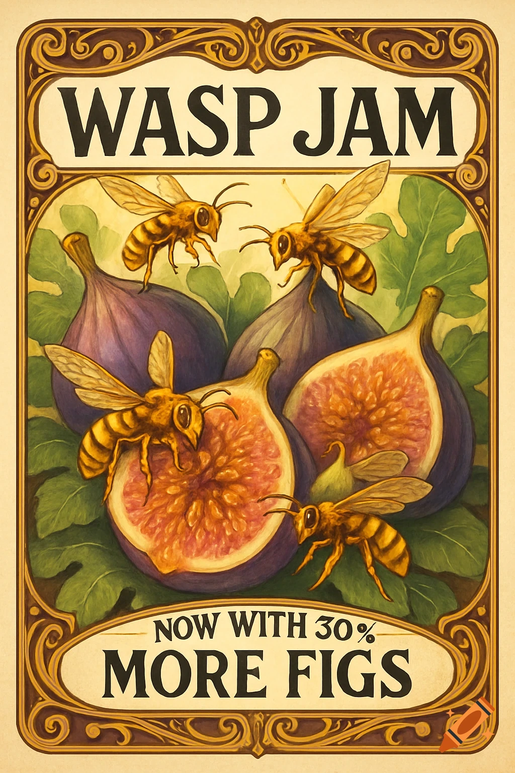 A vintage-style illustration of a 'WASP JAM' label featuring wasps, figs, and text 'NOW WITH 30% MORE FIGS'.