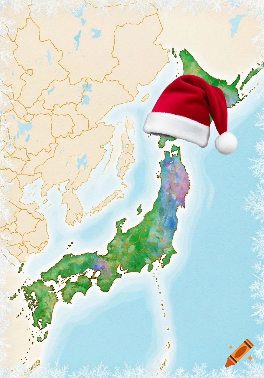 A watercolor map of Japan with a red Santa hat on Hokkaido, framed by white snowflakes.