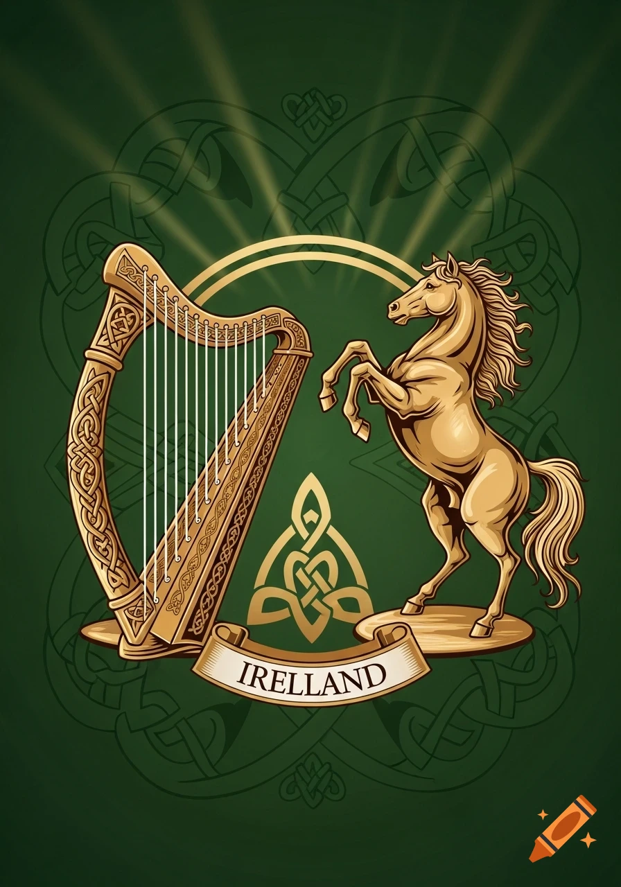Illustration of a golden Celtic harp and a rearing horse with intricate Celtic knots on a dark green background, text 'IRELAND' on a banner.