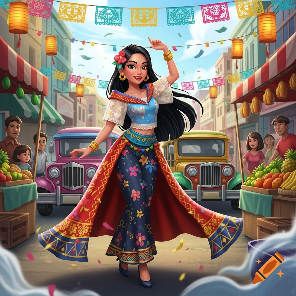 A smiling Filipino cartoon woman in traditional attire dances in a vibrant outdoor market with colorful banners and fruit stalls.