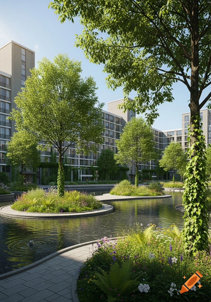 Photorealistic view of a modern apartment complex with landscaped green islands in a reflective pond.