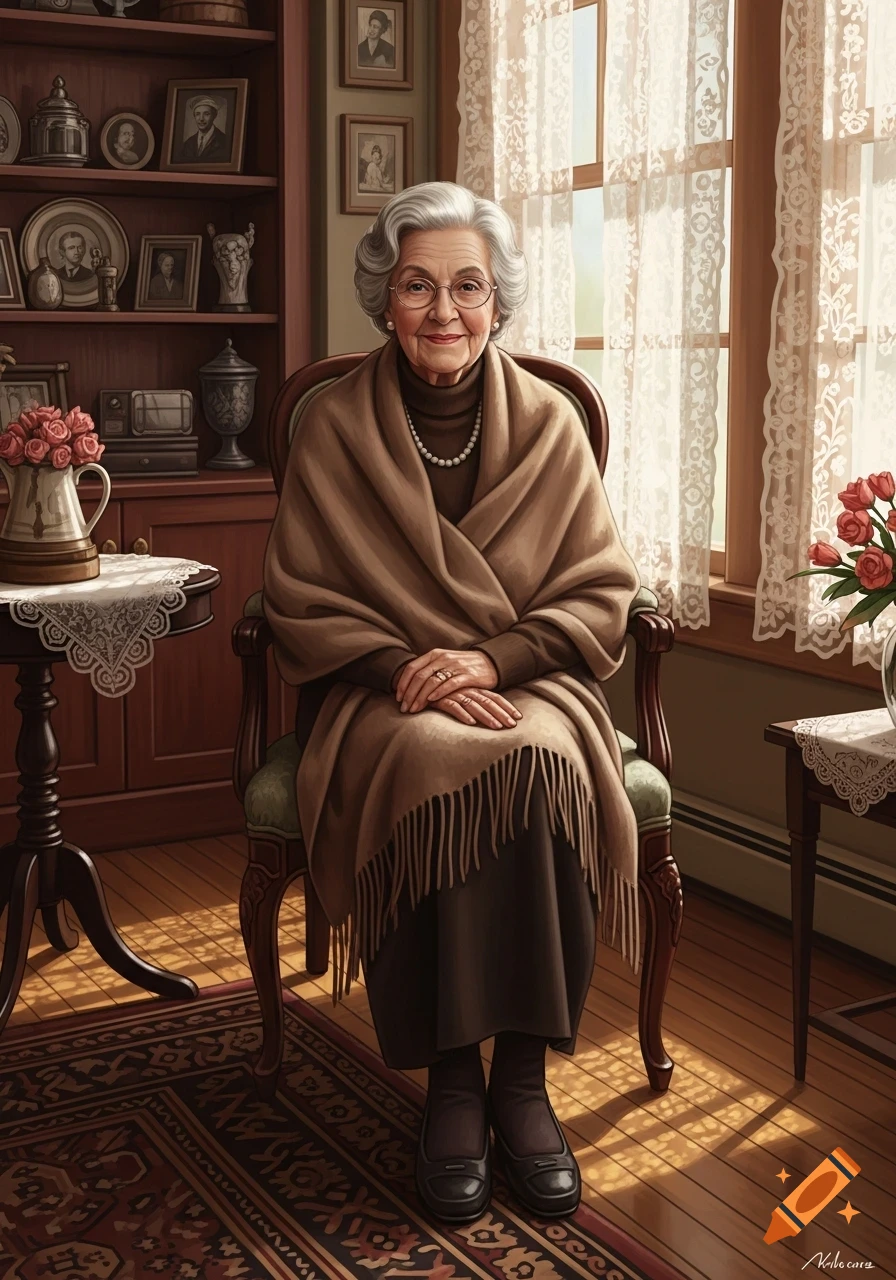 A smiling elderly woman with gray hair and glasses sits wrapped in a shawl in a sunlit, antique-filled room.