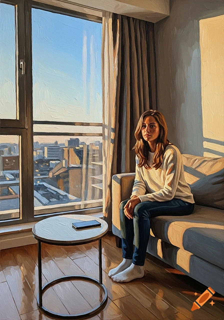 An oil painting of a woman in a white sweater and jeans sitting on a sofa by a window, looking out at a city skyline, in an impasto style.