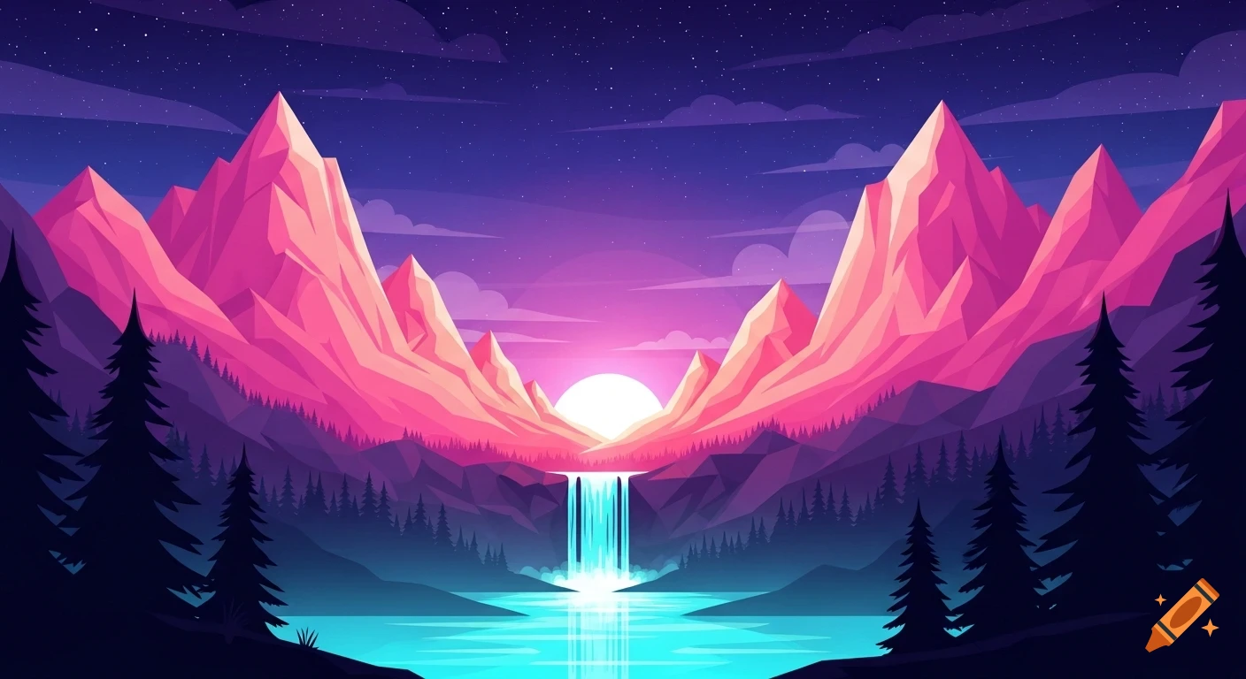 Stylized digital art of a serene mountain landscape at twilight with ...