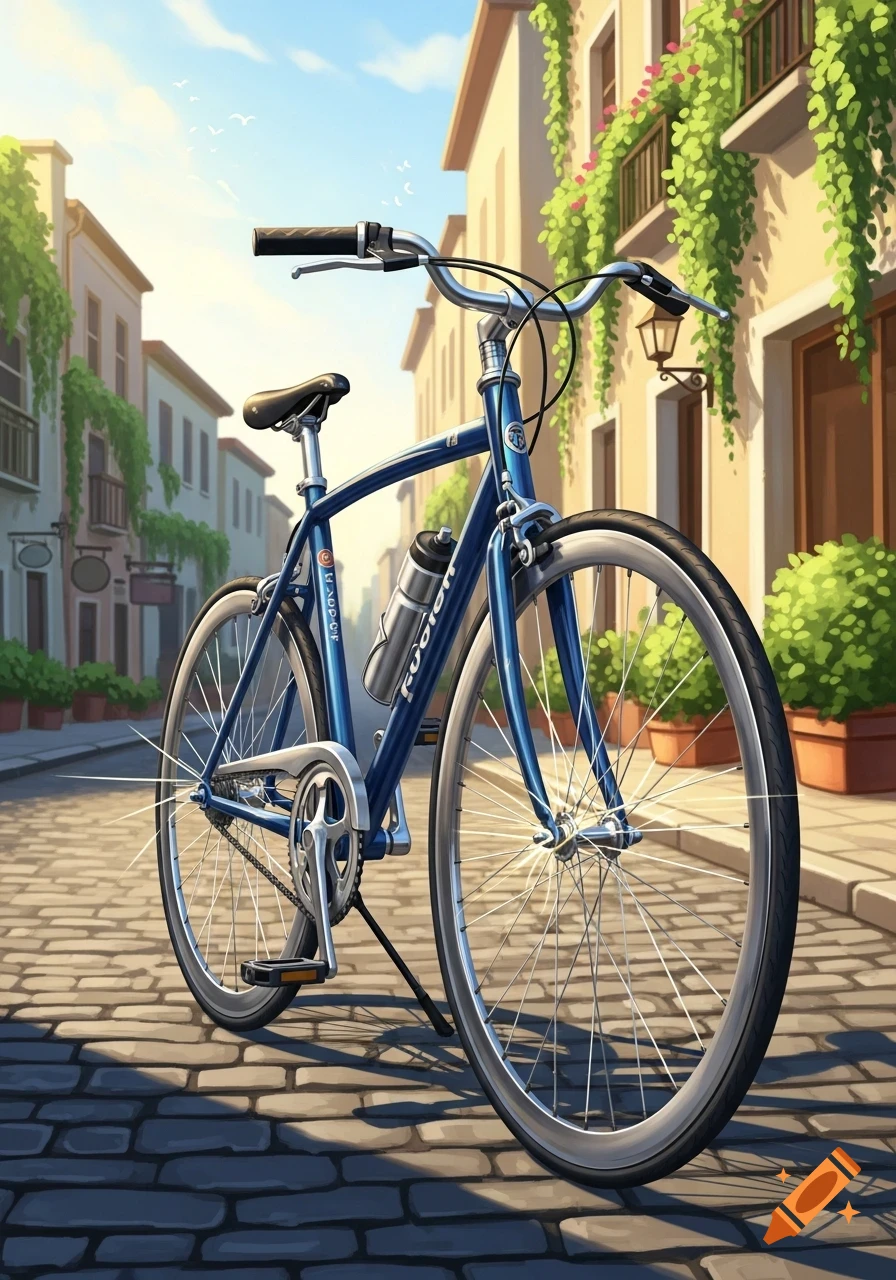 A blue bicycle with a water bottle stands on a cobblestone street in an illustrated old town with buildings covered in vines.