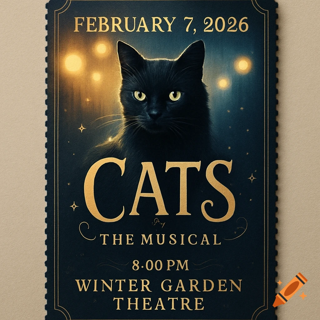 A dark blue musical ticket for 'Cats' on February 7, 2026, featuring a black cat with glowing yellow eyes.