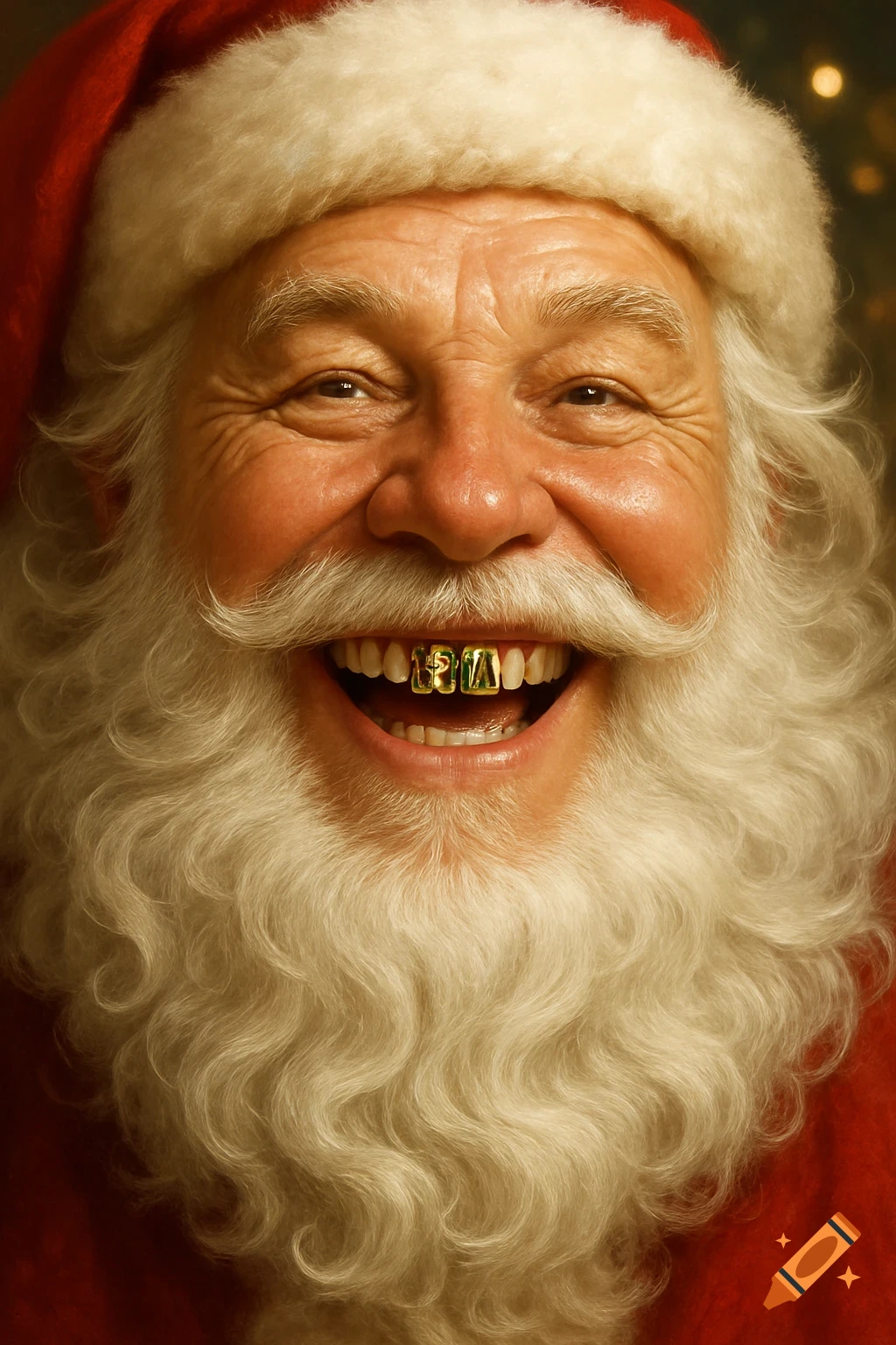 Close-up of a smiling Santa Claus with a white beard and gold X-MAS grills on his teeth, wearing a red hat.