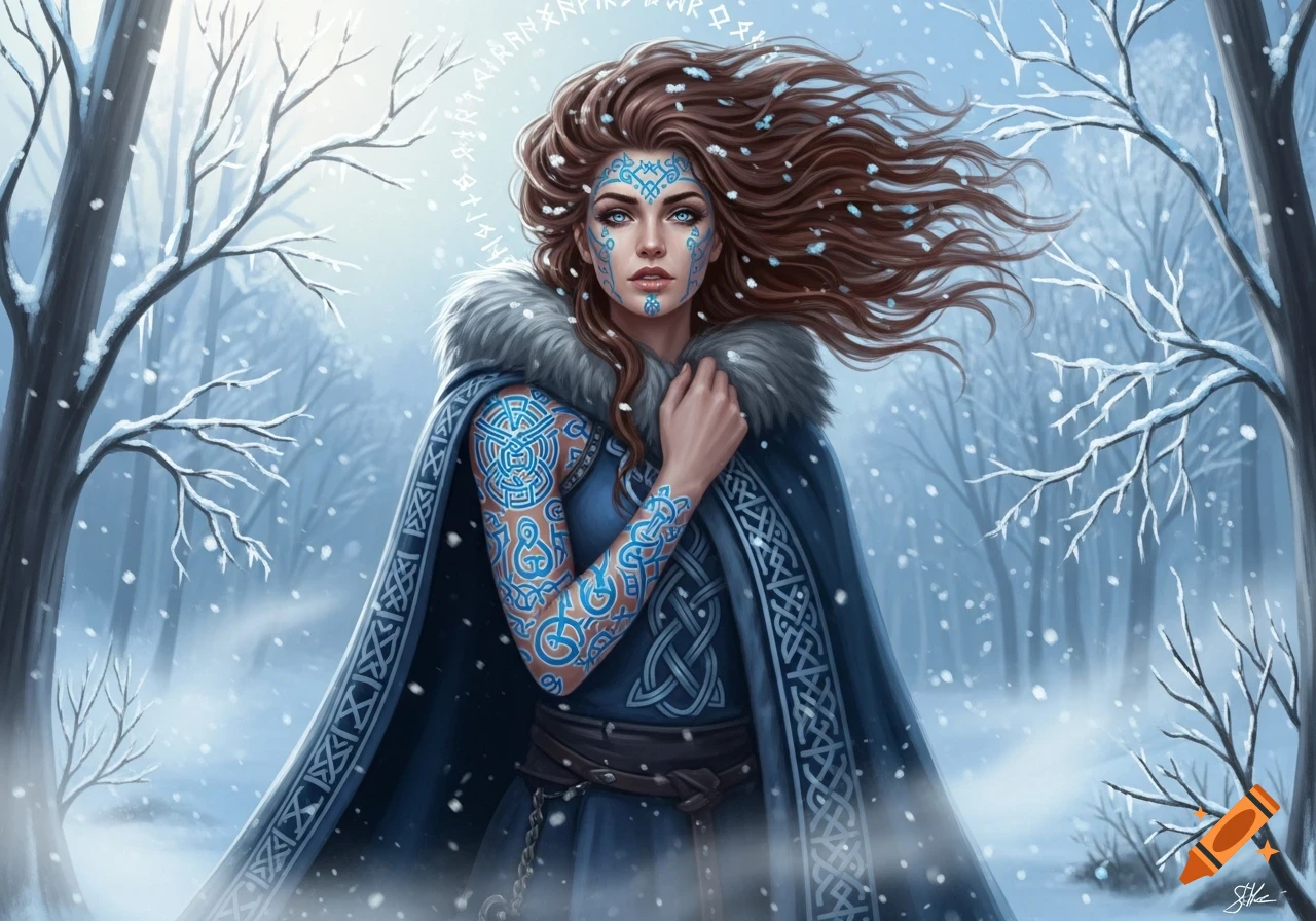 A woman with intricate blue face paint and arm tattoos wears a fur-trimmed cape in a snowy winter forest.