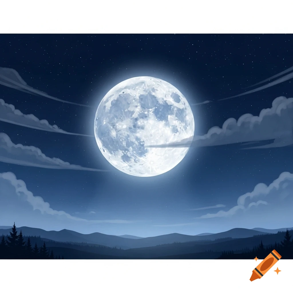 A large, bright full moon illuminates a serene nighttime landscape with silhouetted mountains, pine trees, and wispy clouds against a starry sky.
