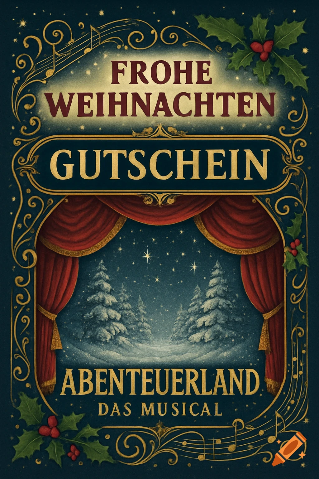 A festive, vintage-style Christmas voucher for a musical, featuring red stage curtains, a snowy forest, and holly decorations.