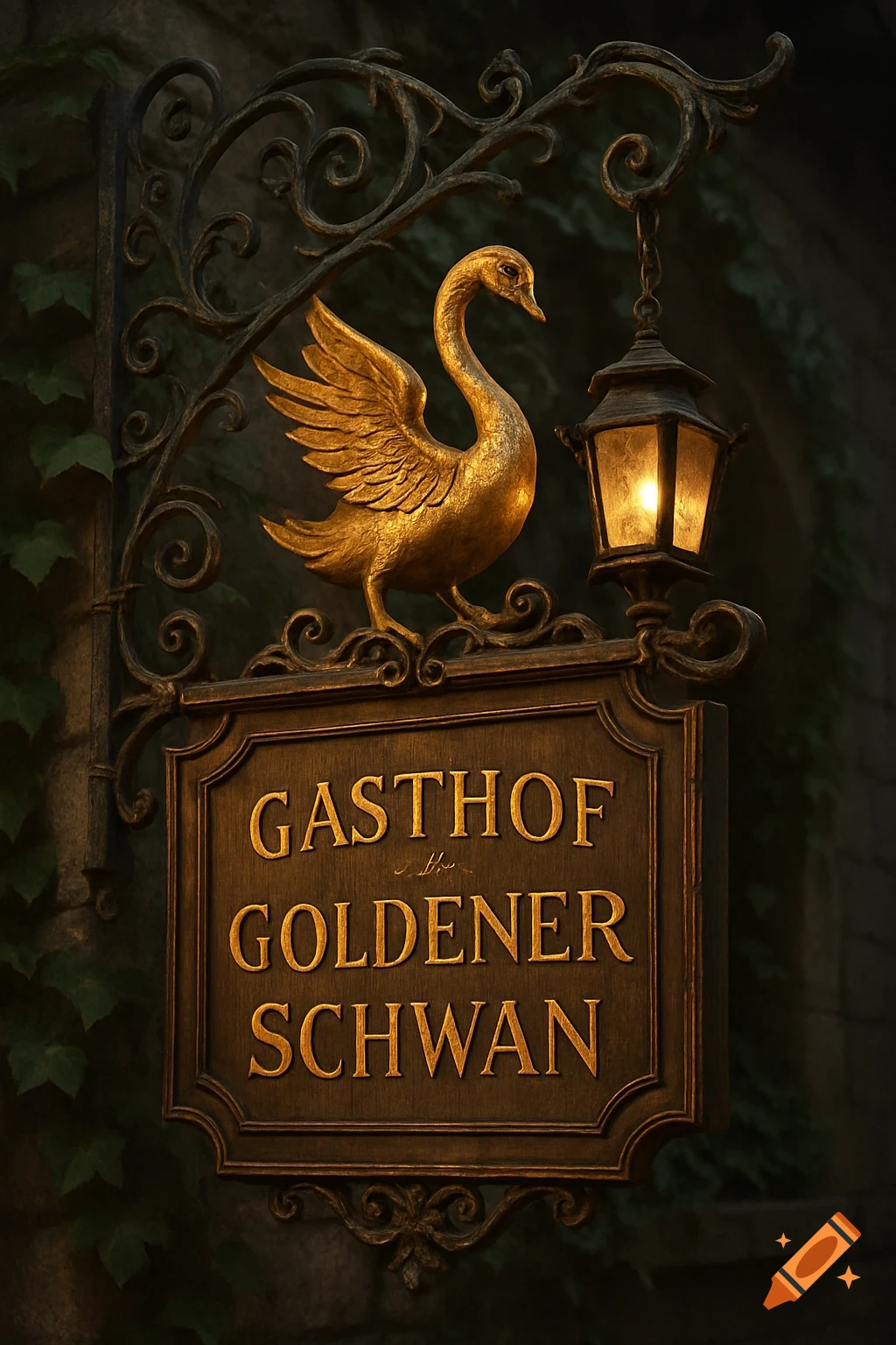 An ornate antique guesthouse sign features a golden swan, glowing lantern, and the words 'GASTHOF GOLDENER SCHWAN' against a dark ivy-covered wall.
