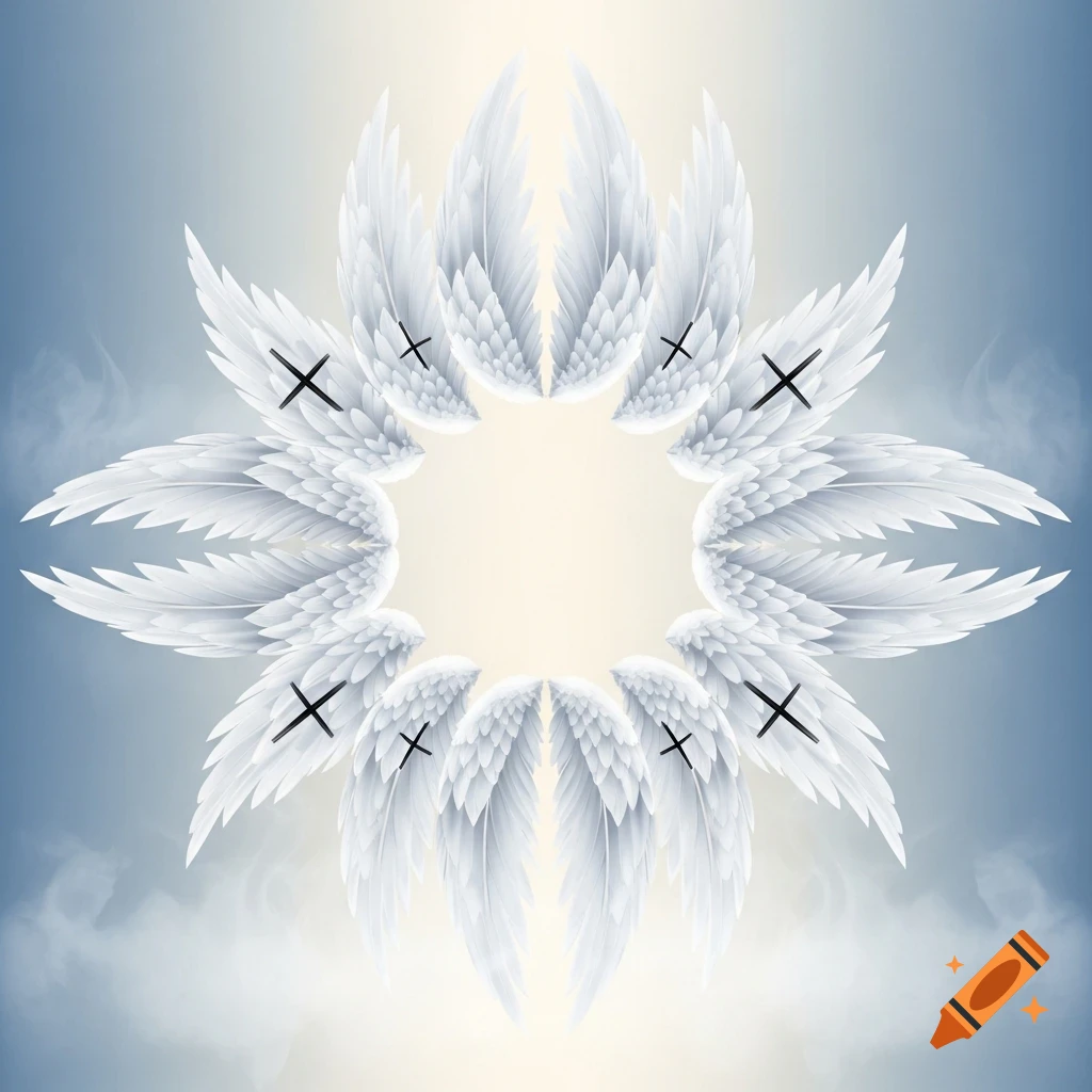 Twelve white wings form a radiant circular pattern, each marked with a thin black cross, against a light blue and beige gradient sky.