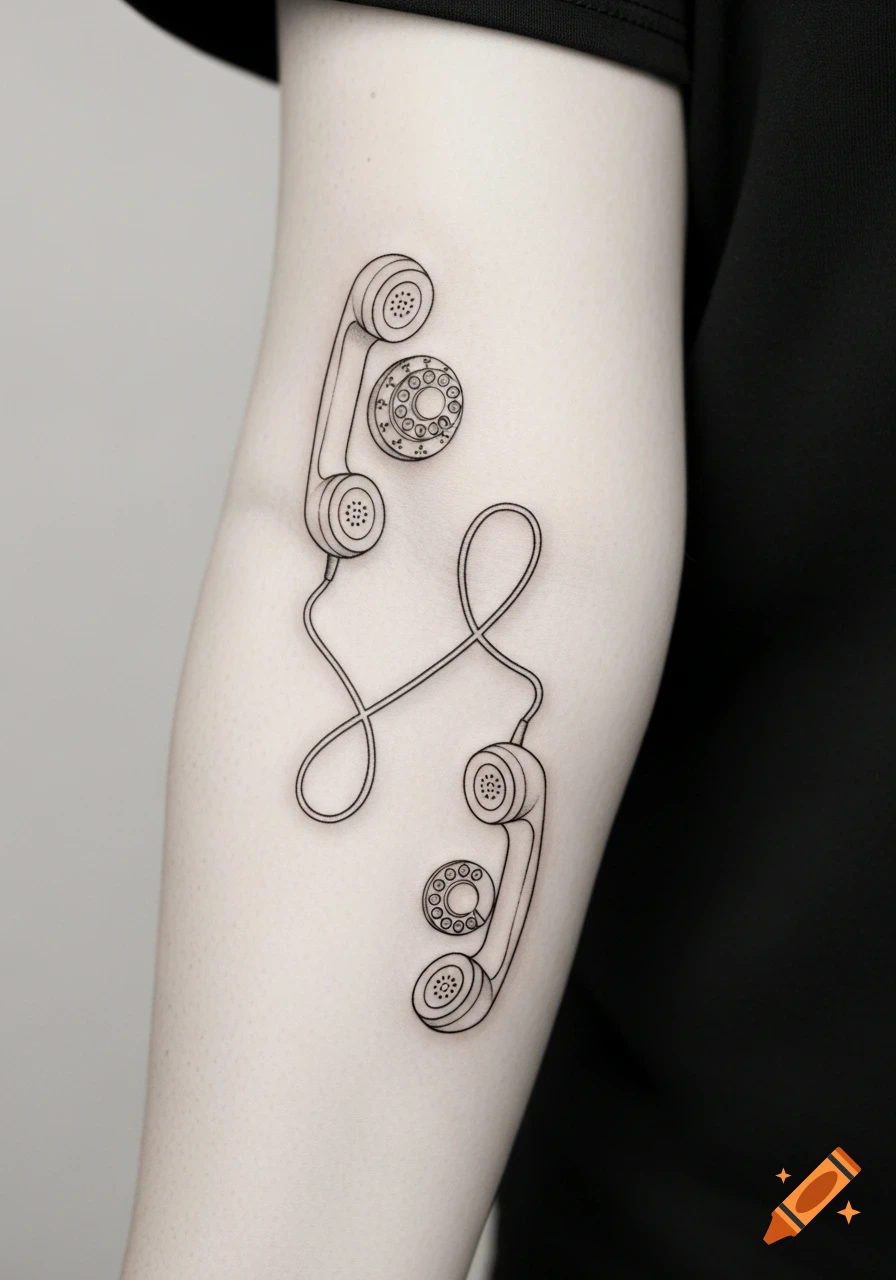 A minimalist fine-line black ink tattoo of two vintage telephone receivers connected by a curly cord on an arm.