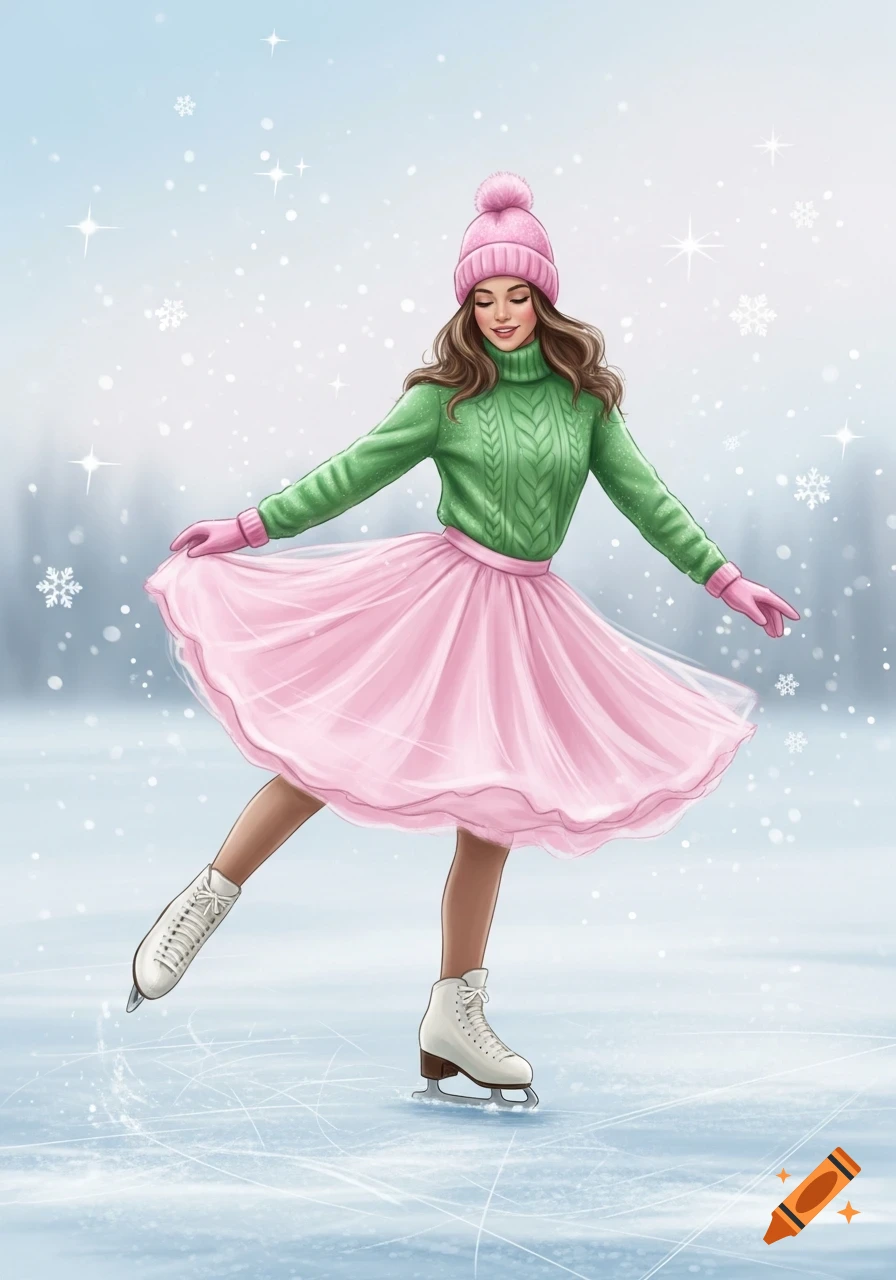 Illustration of a girl in a green sweater, pink skirt, and hat ice skating on a snowy rink.