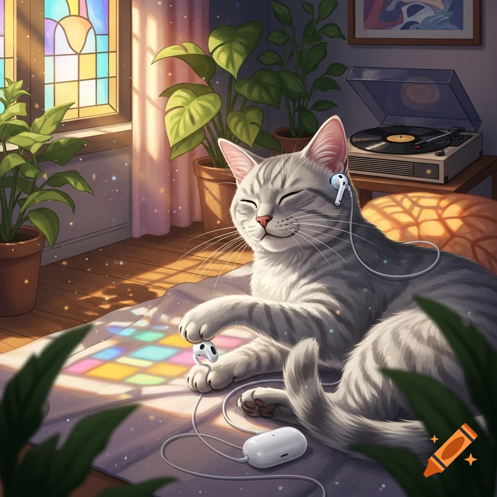 A gray tabby cat with closed eyes and a happy expression lies on a blanket, wearing white earbuds connected to a charging case, surrounded by houseplants and sunlight from a stained glass window. A record player is in the background.