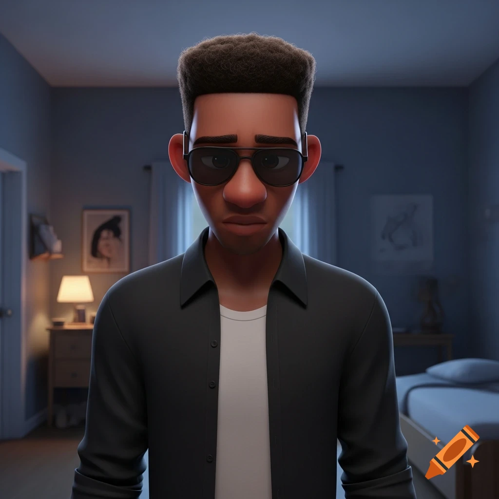 A 3D animated young Black man with sunglasses and short hair, wearing an open black shirt over a white tee, stands in a blue-gray room, Pixar style.
