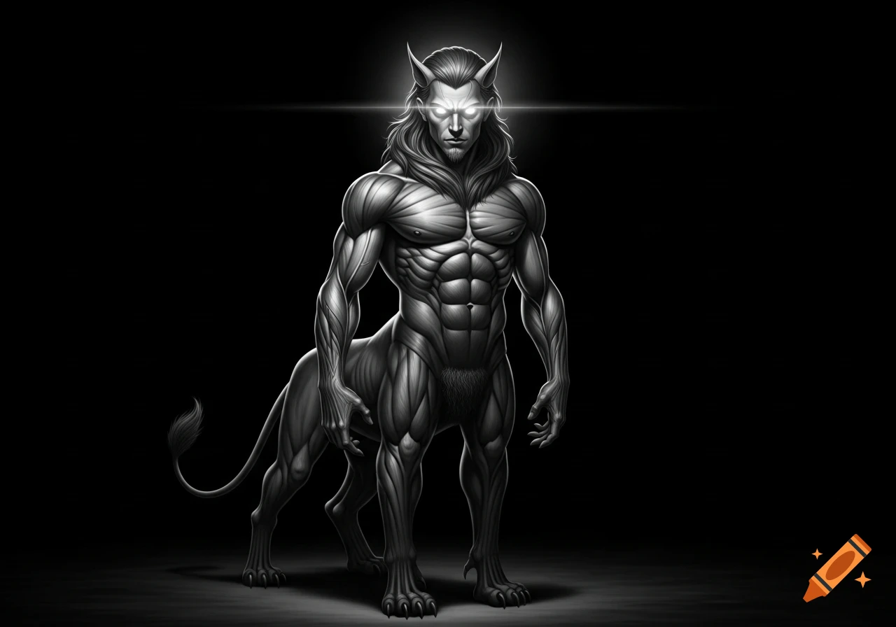 A muscular, horned man with glowing eyes and a lion's body stands in a black void. Grayscale digital art.