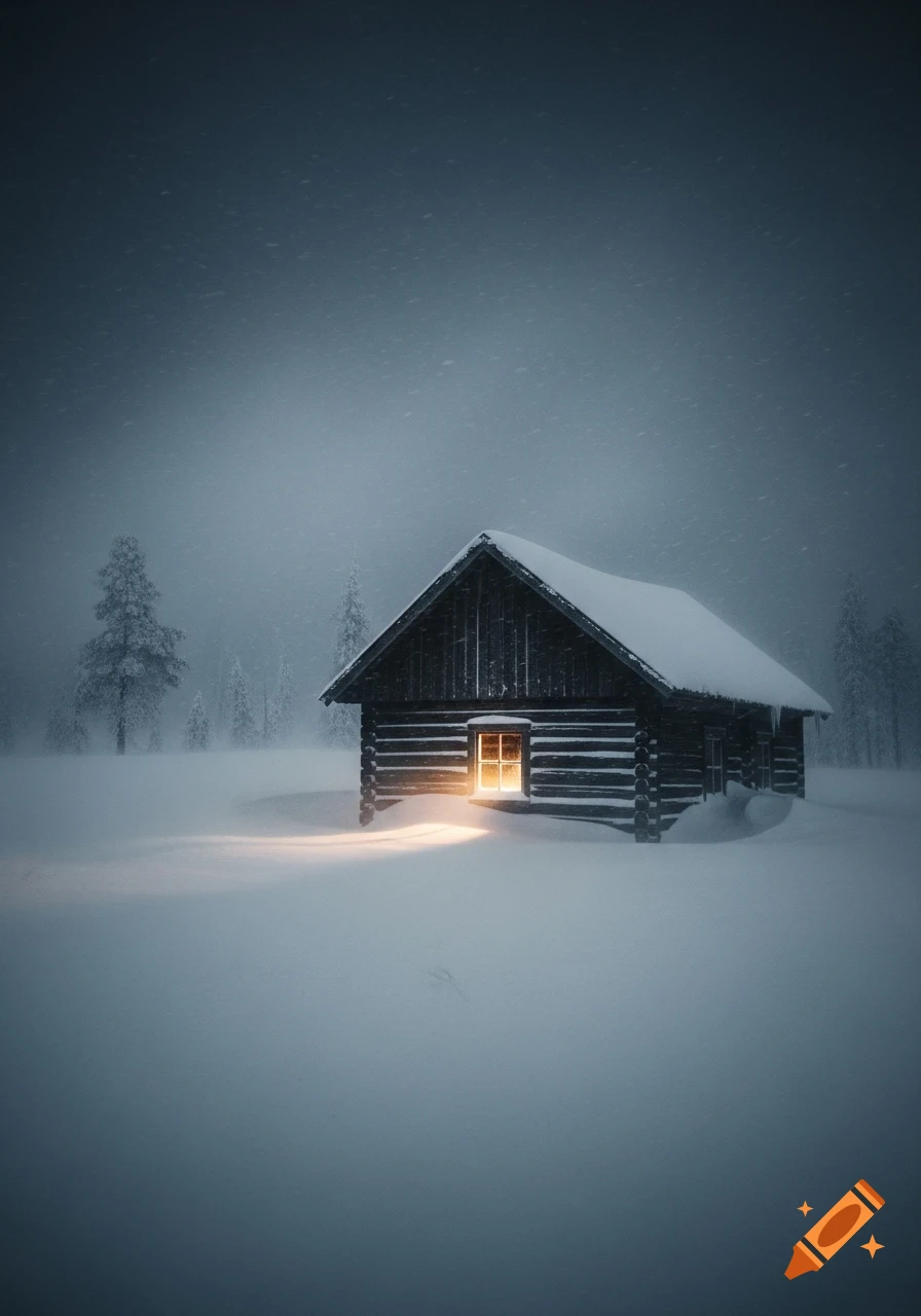 Photorealistic image of a lonely wooden cabin in a snowy field during a night snowstorm, with warm light glowing from its window.