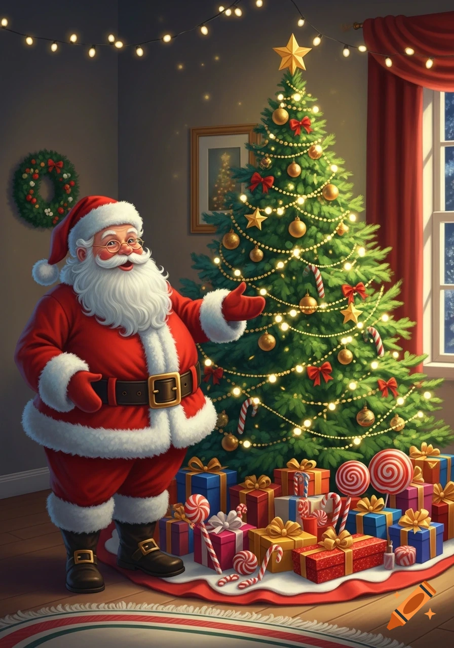 A joyful Santa Claus stands beside a brightly lit Christmas tree overflowing with presents and candies in a festive room, illustration style.