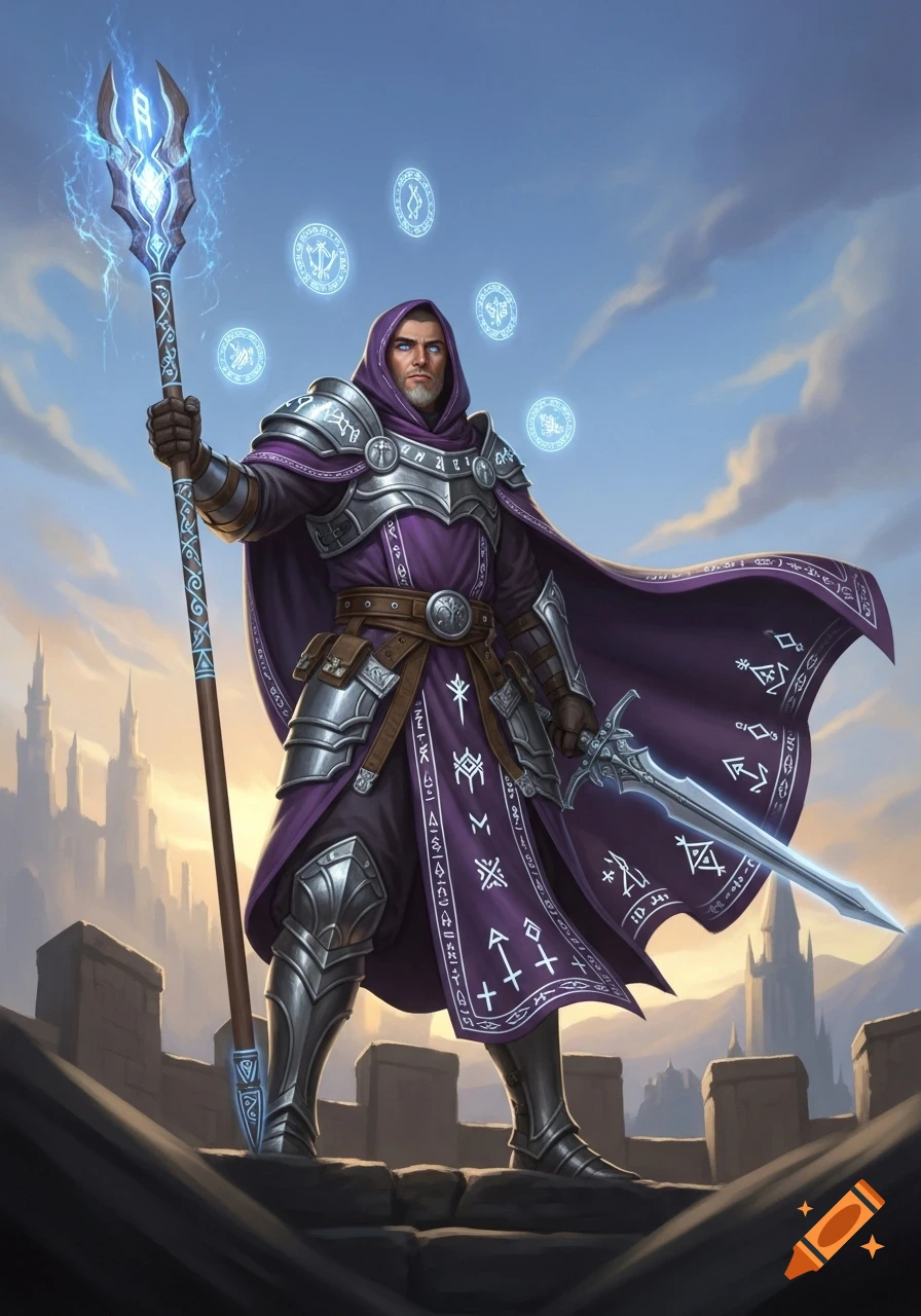 A powerful medieval monk-paladin in shining silver armor and a purple hooded robe, holding a glowing magical staff and a sword. Arcane runes float around him against a sky background with a distant castle.