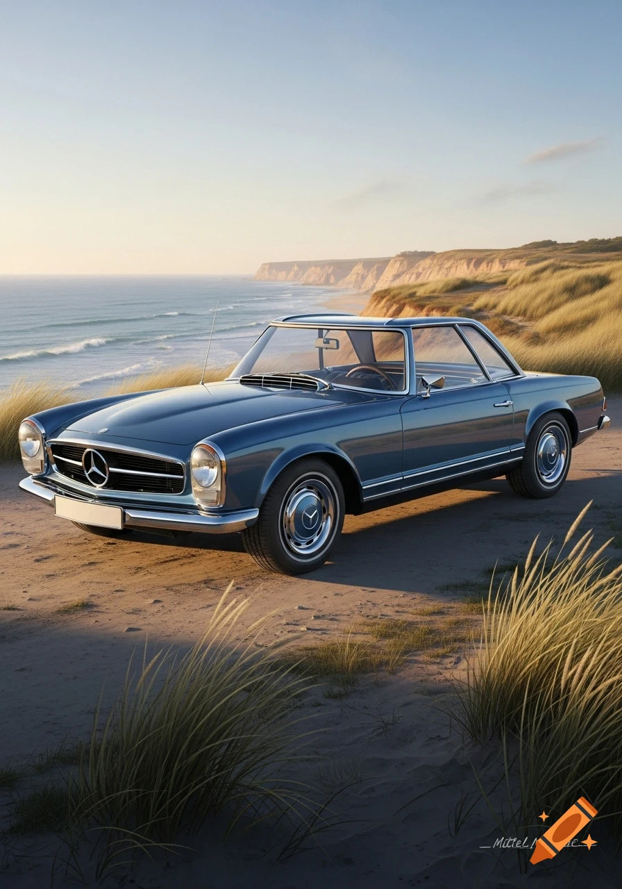 A blue Mercedes-Benz W113 280SL classic car parked on a sandy path overlooking a scenic coastline with the ocean and cliffs at sunset.