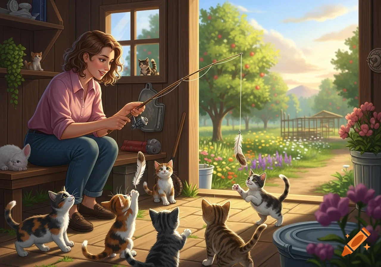 A woman sits on a bench in a wooden barn, playing with several kittens using a feather on a fishing rod. Outside is a sunny orchard.