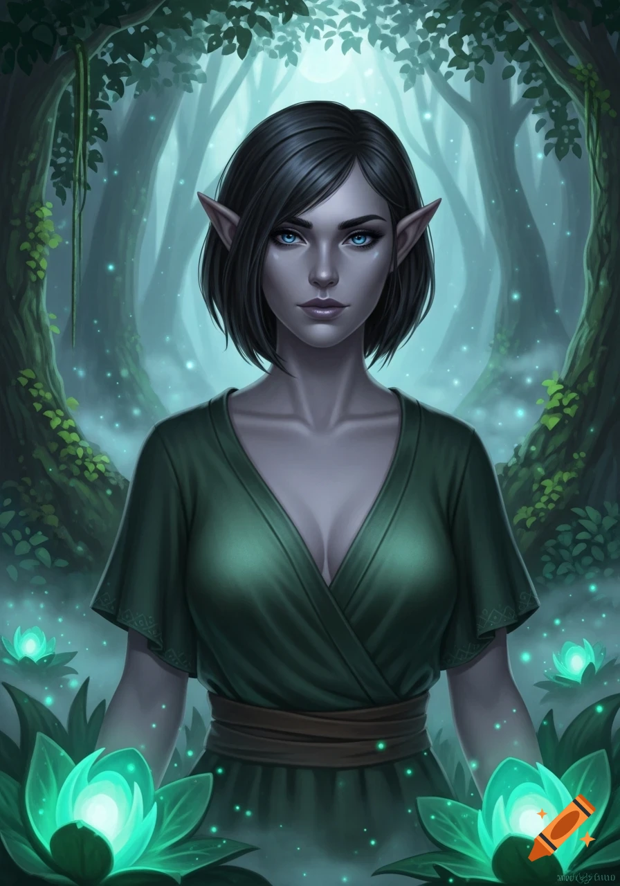 A fantasy portrait of an elven woman with gray skin and short dark hair in a mystical glowing forest.