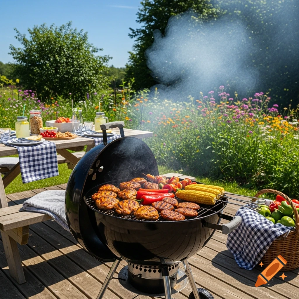 A charcoal barbecue grill with chicken, corn, and peppers smoking outdoors in a sunny garden with a picnic table.