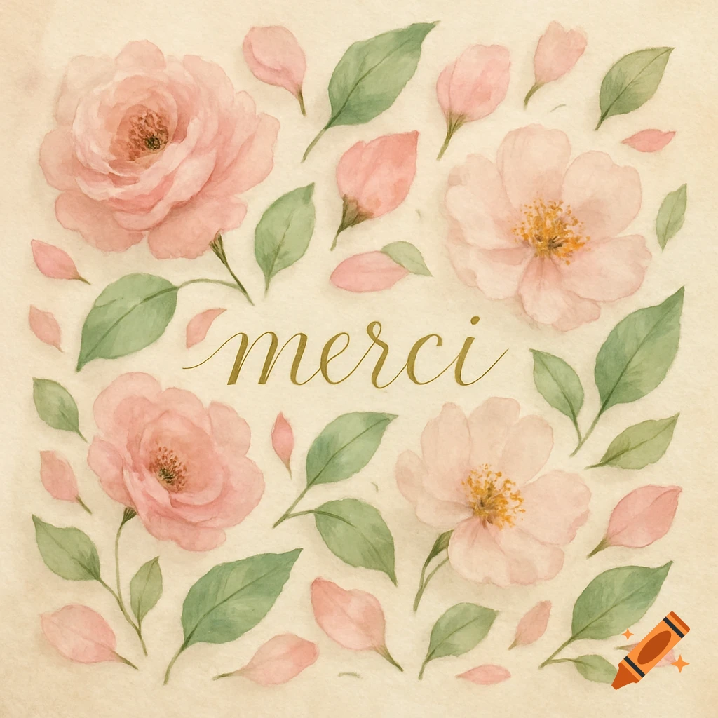 Watercolor illustration of pink roses, flower petals, and green leaves arranged around the golden word 'merci' on a cream background.