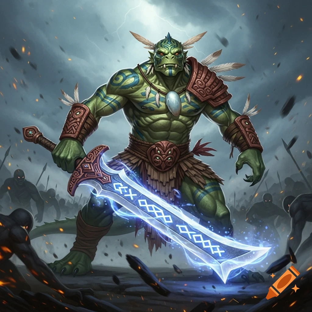 A muscular green-skinned lizardman in tribal armor wields a glowing blue runesword, surrounded by shadowy enemies under a stormy sky in a fantasy art style.