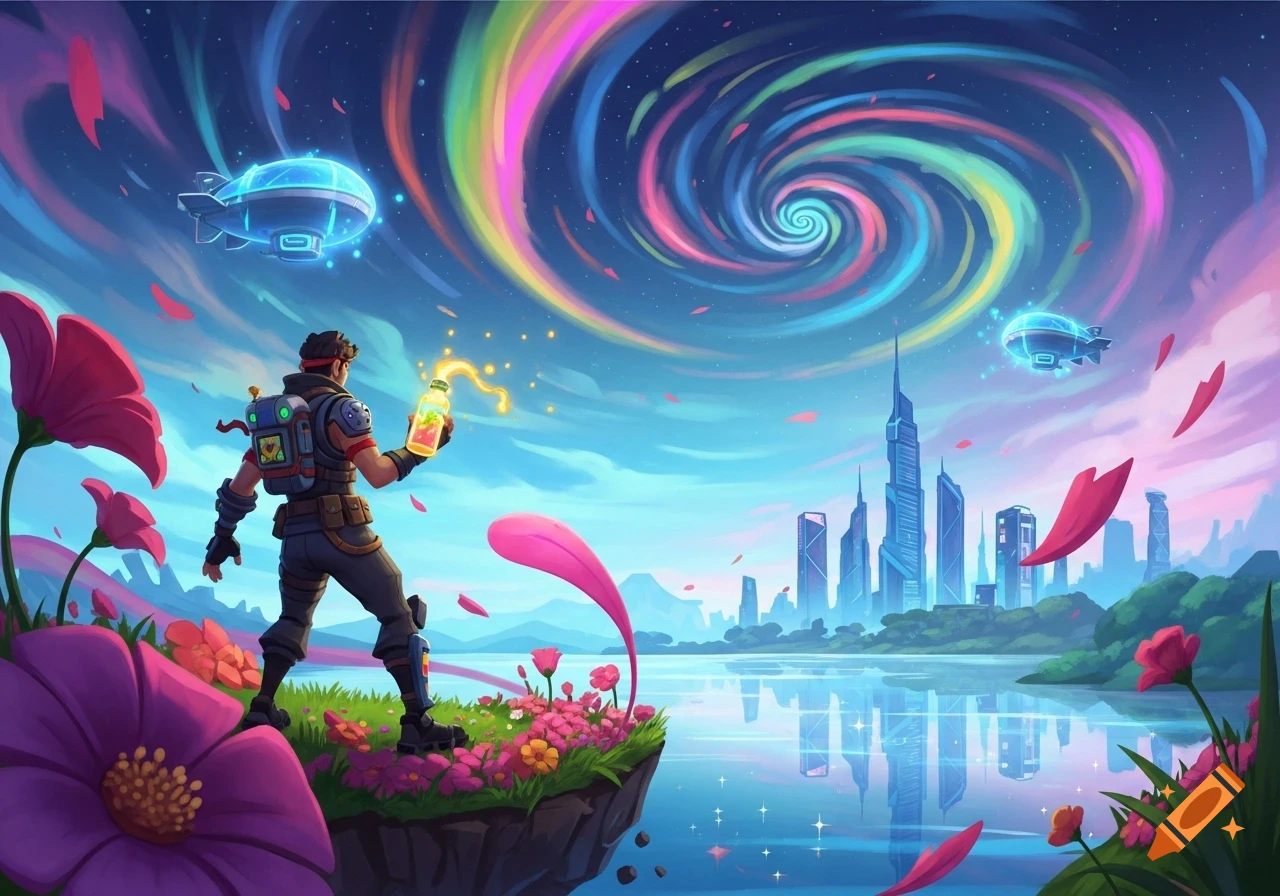 Stylized character on a floating island holding a glowing bottle, gazing at a futuristic city under a swirling rainbow sky.