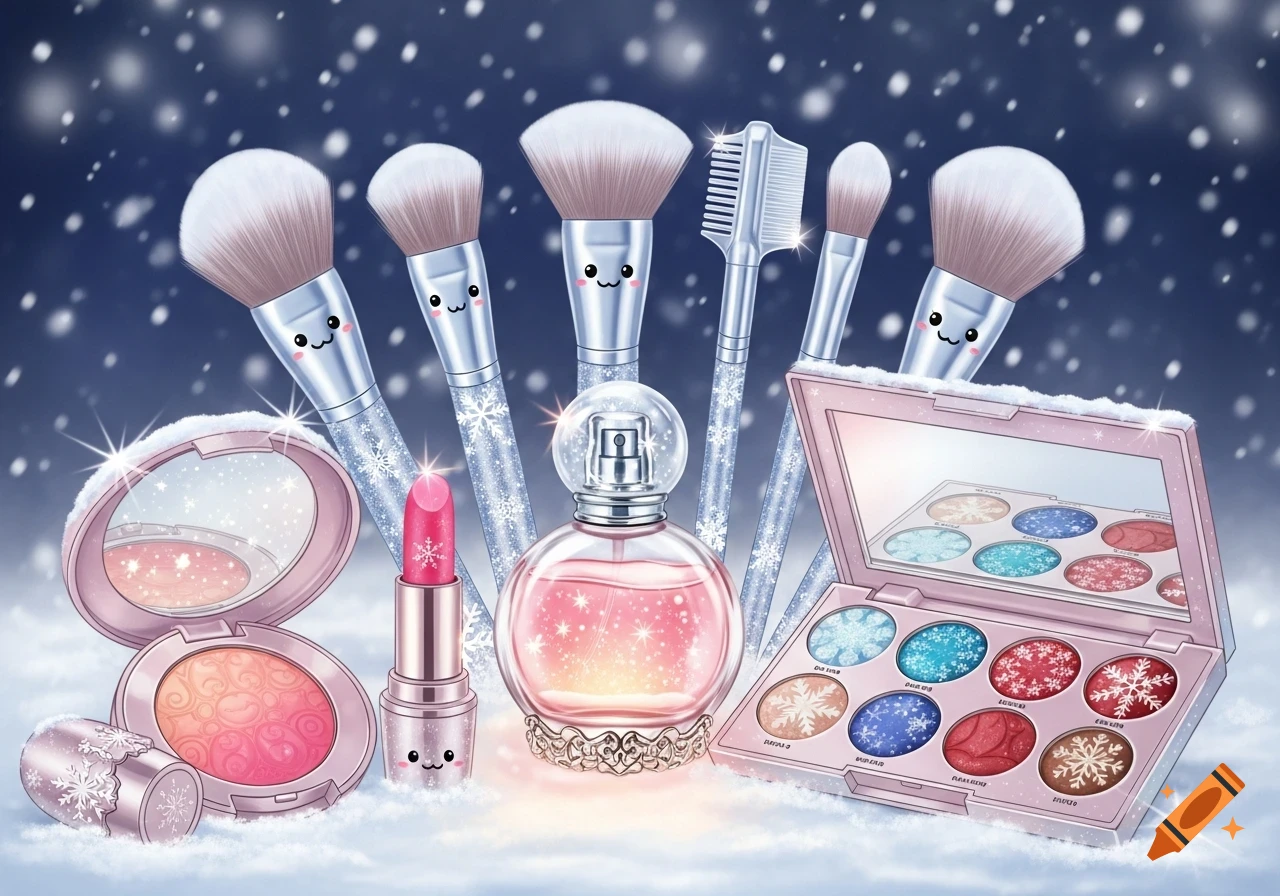 A cute, cartoonish Christmas makeup collection on a snowy surface with falling snowflakes. Includes smiling makeup brushes, a blush compact, a pink lipstick, a perfume bottle, and an eyeshadow palette with snowflake patterns.