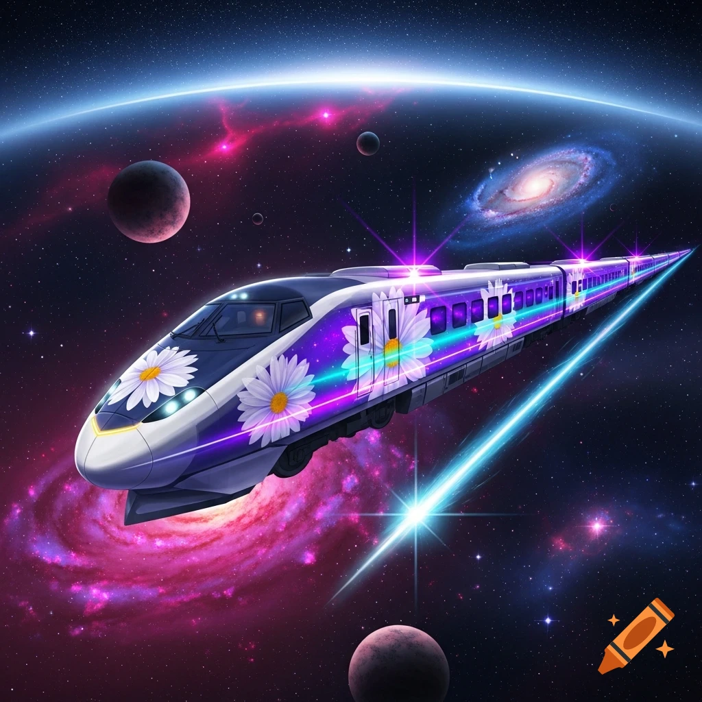 A vibrant purple and white train with daisies and glowing lines flies through a colorful cosmic space with planets and galaxies.