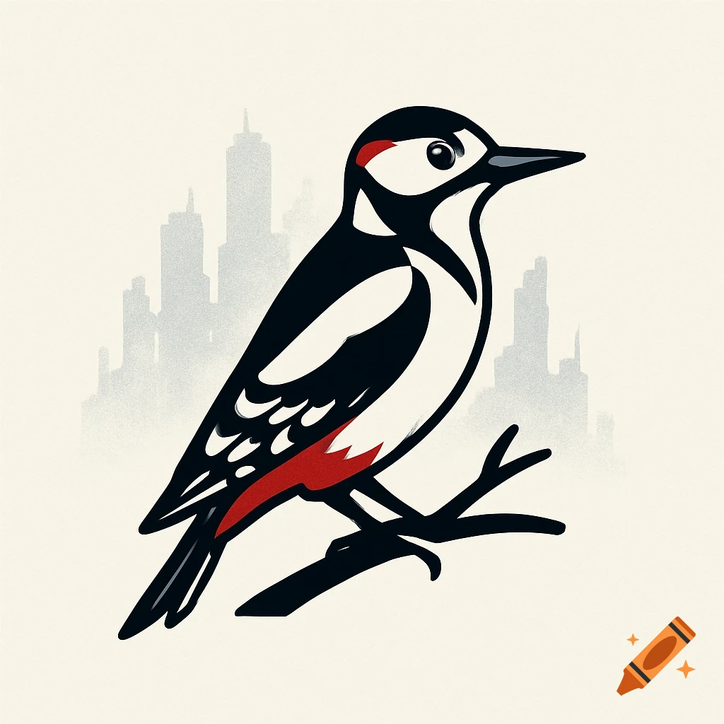 A stylized black, white, and red woodpecker perches on a branch with a hazy, crumbling city skyline in the background.