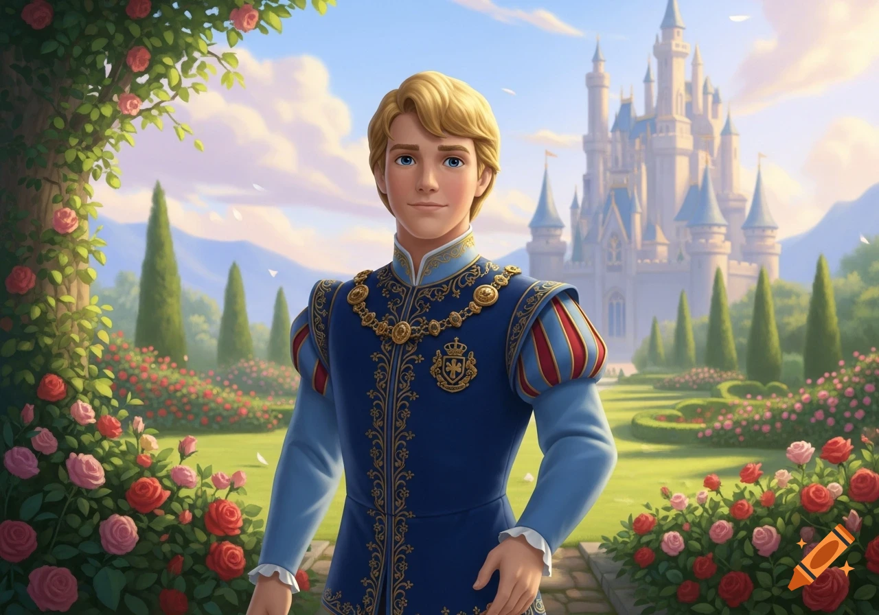 An animated young prince in a blue suit stands in a rose garden with a castle in the background.