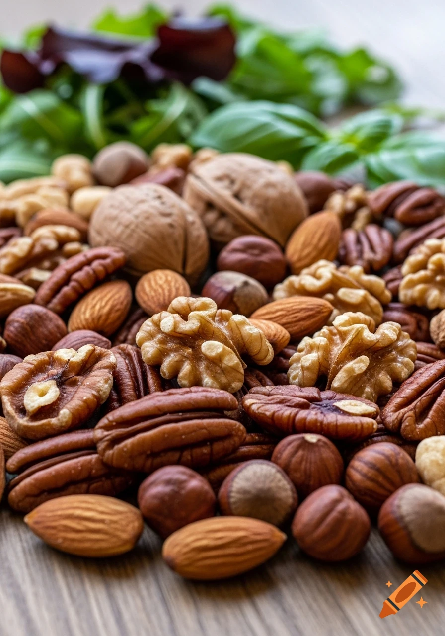 A close-up, high-angle photorealistic shot of a variety of nuts including walnuts, pecans, almonds, and hazelnuts, with green leafy vegetables blurred in the background.
