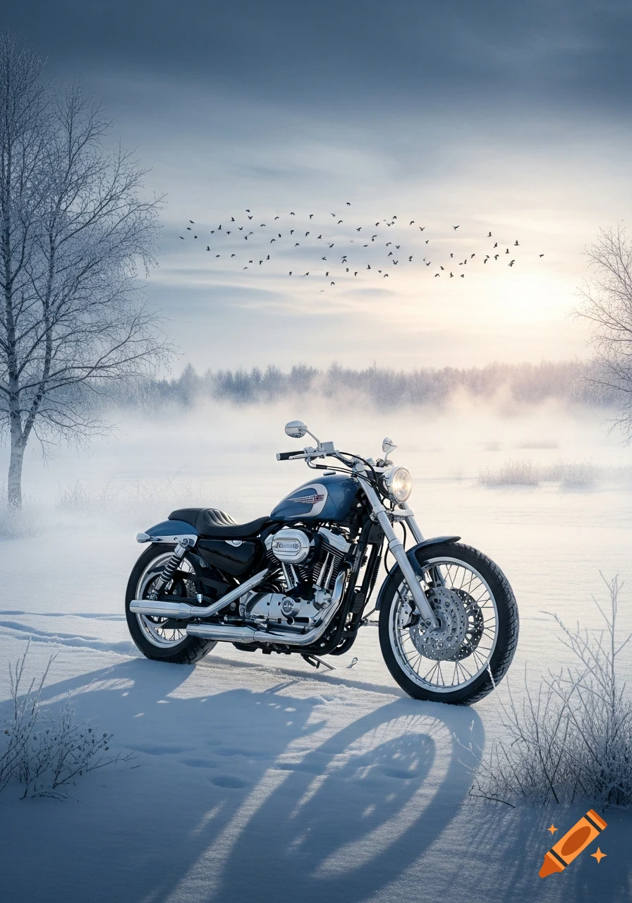 A blue and chrome custom motorcycle parked in a snowy winter landscape under a pale sky with distant trees and flying birds.