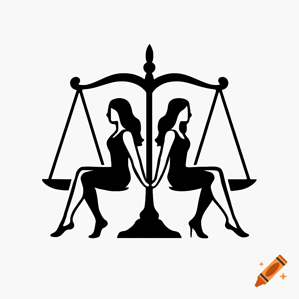 Minimalist black and white logo of two women sitting on the scales of justice like a swing.