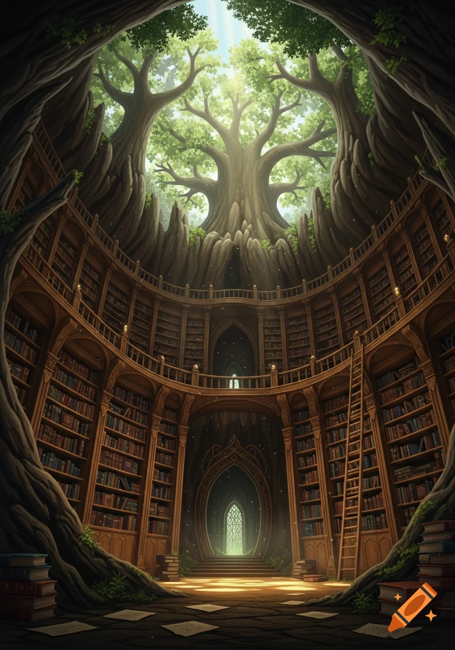 A majestic, circular library carved within the hollow trunk of a ...