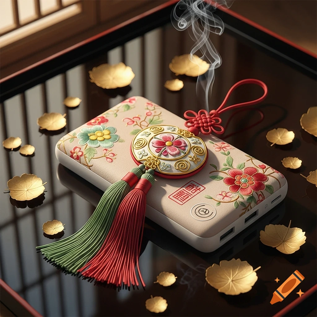 A decorative power bank designed like a traditional Korean norigae, adorned with embroidered flowers and tassels, surrounded by golden leaves and wisps of smoke, on a dark reflective surface.