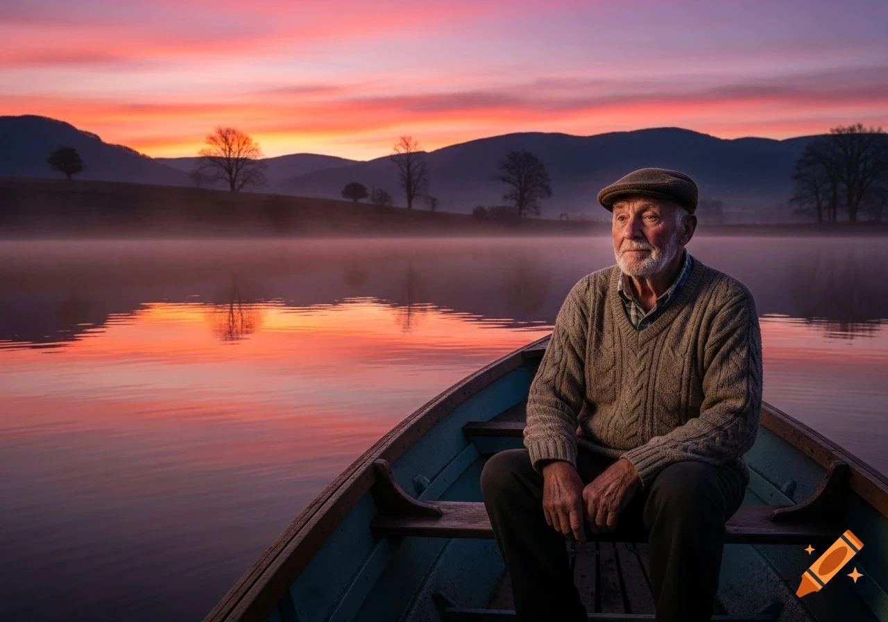 An old man in a cap and sweater sits in a boat on a misty lake, facing a vibrant orange and pink sunrise over mountains.