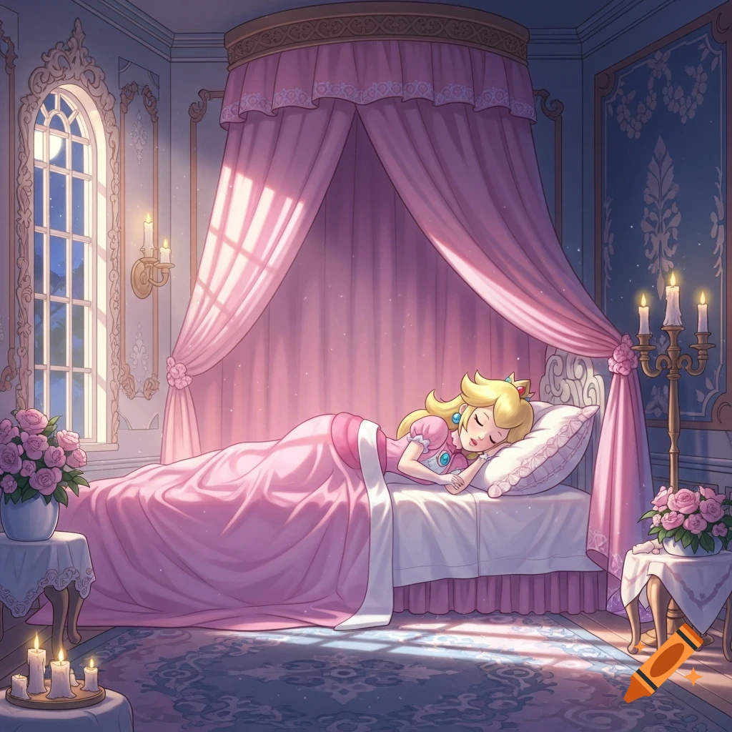 Princess Peach sleeping peacefully in a lavish pink and blue bedroom with a canopy bed and large window.