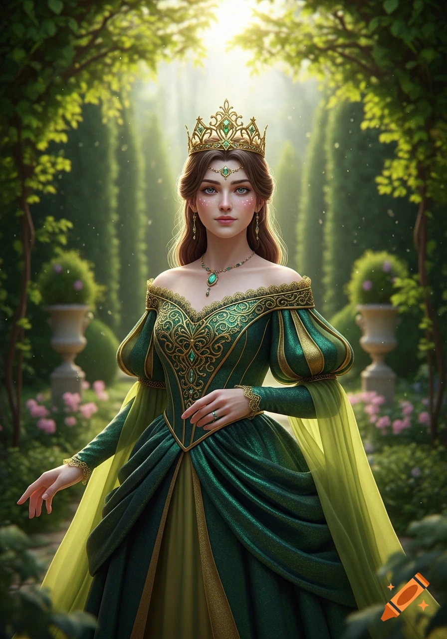 A regal woman in a shimmering green and gold gown, wearing an emerald crown, stands in a lush, sunlit garden.