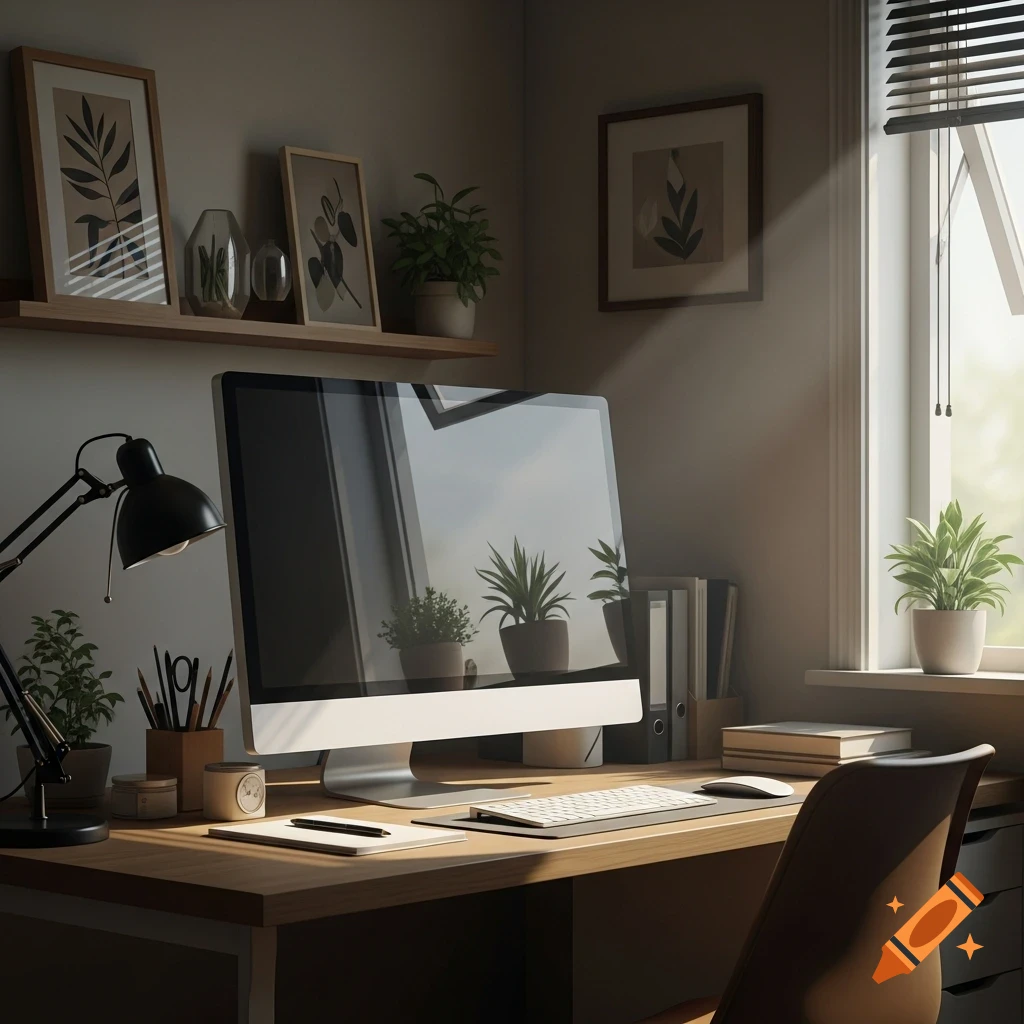 A sunlit home office desk with a large computer monitor, black desk lamp, potted plants, and framed art on a shelf.