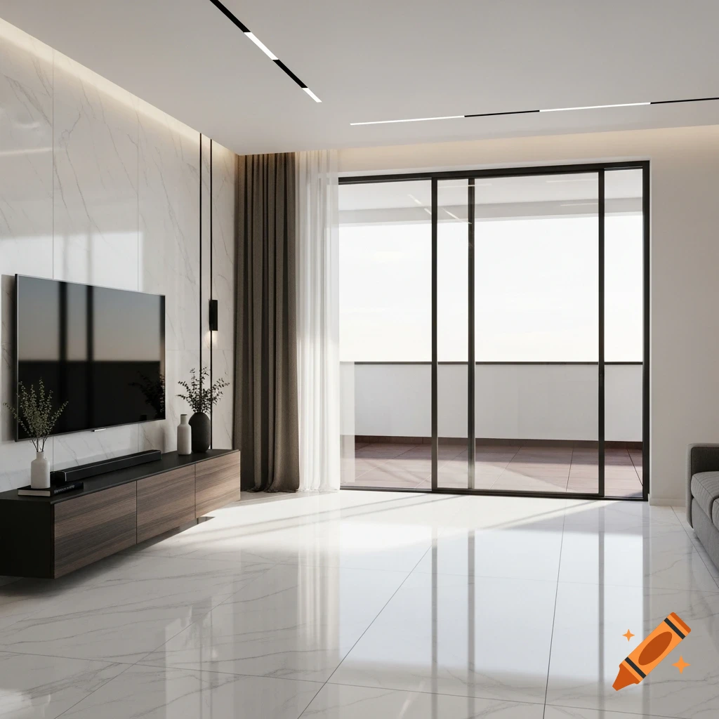 A photorealistic render of a modern living room with white marble-like floor and wall tiles, a dark wood TV cabinet, and large glass sliding doors leading to a terrace.