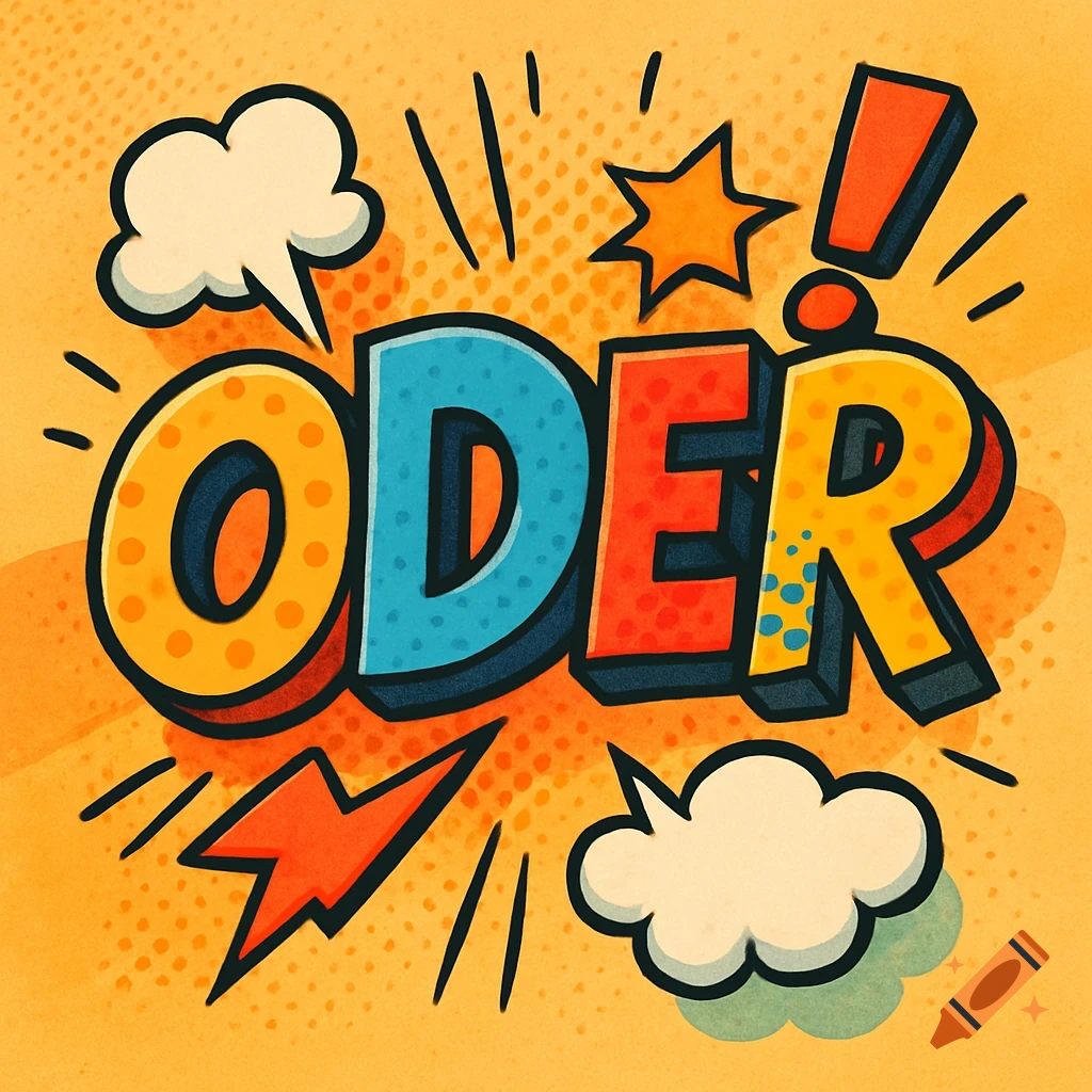 Bold, colorful 'ODER' text in a pop art comic style with speech bubbles, a lightning bolt, and an exclamation mark on an orange background.