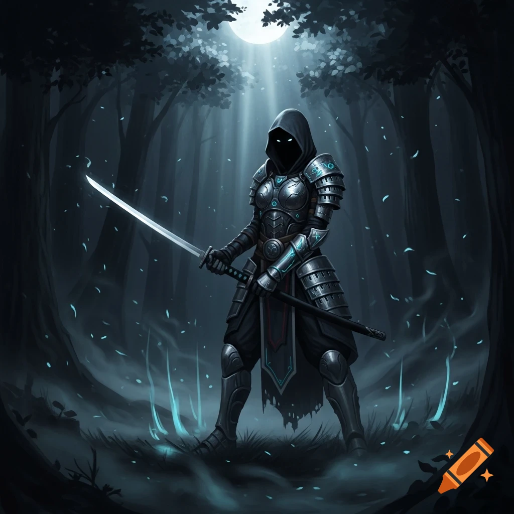 An armored, hooded figure with glowing eyes stands in a dark, misty ...