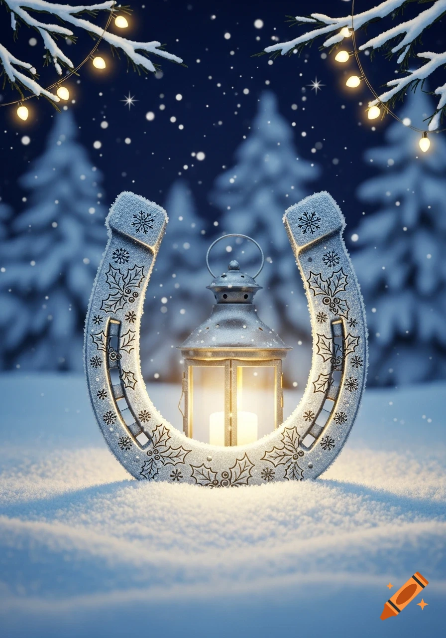 A decorative, frosty silver horseshoe with holly and snowflake patterns stands in deep snow, framing a glowing lantern, under snow-covered branches with fairy lights.